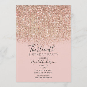Invitación Fiesta de Cumpleaños con Brillo Rosa y Dorado Rosa