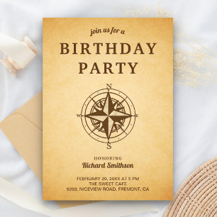 Invitación Fiesta de Cumpleaños con Brújula Rústica Vintage