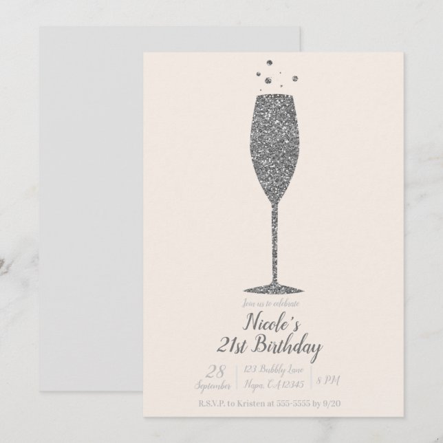 Invitación Fiesta de Cumpleaños con Burbujas de Champán y Bri (Anverso / Reverso)