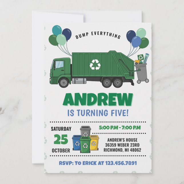 Invitación Fiesta de cumpleaños con camión de basura moderno  (Anverso)