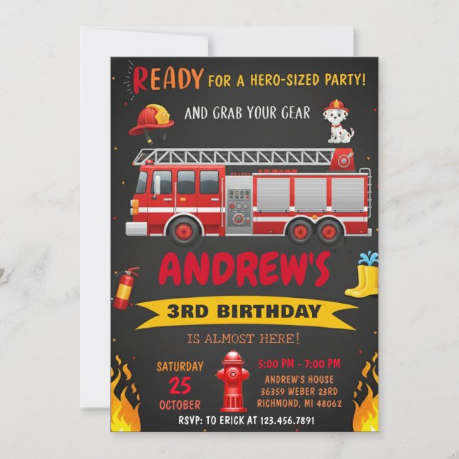 Invitación Fiesta de cumpleaños con camión de bomberos modern (Anverso)