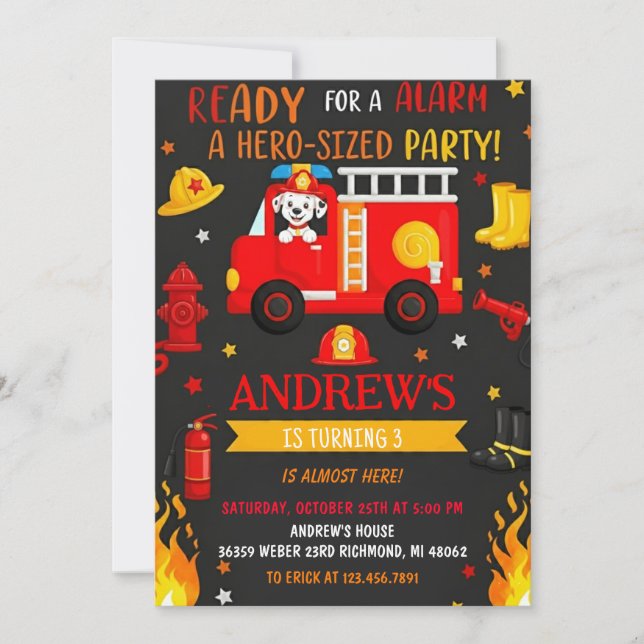Invitación Fiesta de cumpleaños con camión de bomberos modern (Anverso)
