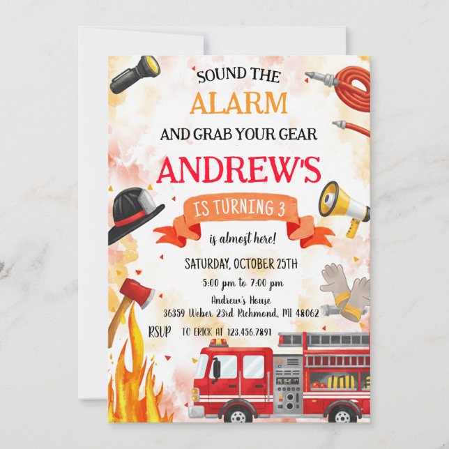 Invitación Fiesta de cumpleaños con camión de bomberos person (Anverso)