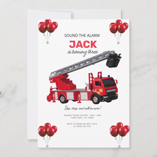 Invitación Fiesta de Cumpleaños con Camión de Bomberos Rojo (Anverso)