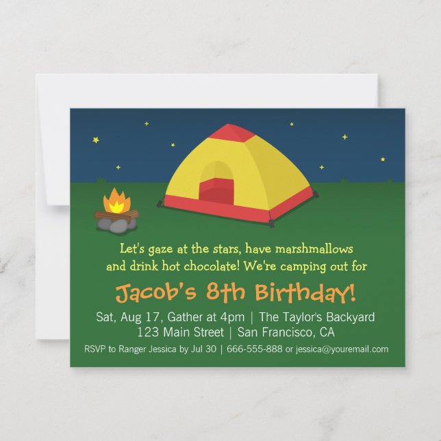 Invitación Fiesta de cumpleaños con campamento y pijamada en  (Anverso)