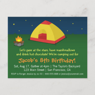 Invitación Fiesta de cumpleaños con campamento y pijamada en 