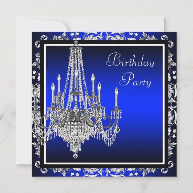 Invitación Fiesta de cumpleaños con candelabro de damasco azu (Anverso)
