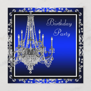 Invitación Fiesta de cumpleaños con candelabro de damasco azu