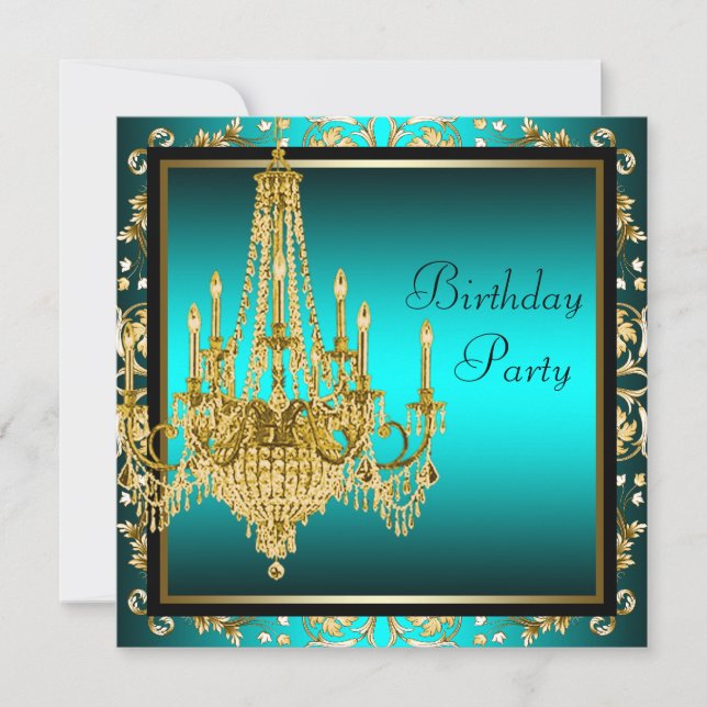 Invitación Fiesta de cumpleaños con candelabro de damasco dor (Anverso)