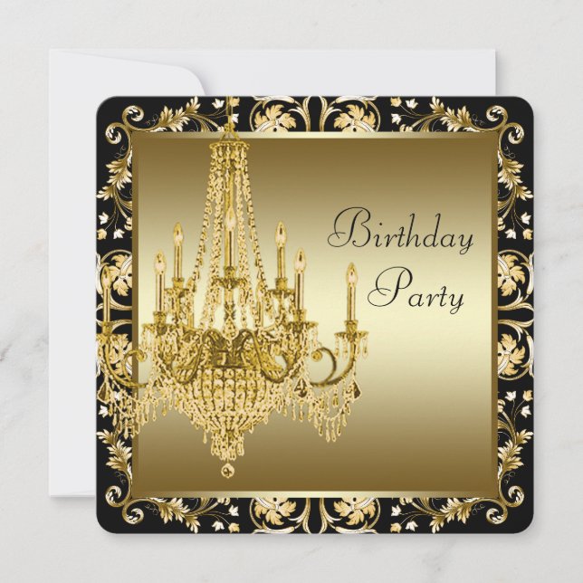 Invitación Fiesta de cumpleaños con candelabro de oro y negro (Anverso)