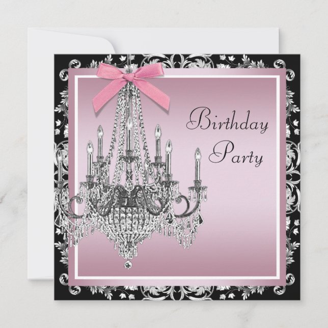 Invitación Fiesta de cumpleaños con candelabro rosa negro dam (Anverso)