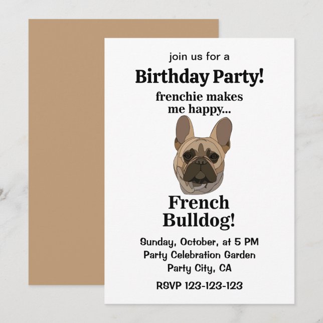 Invitación Fiesta de Cumpleaños con Cara de Bulldog Francés (Anverso / Reverso)