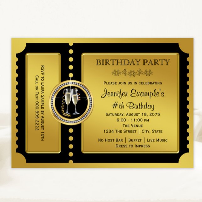 Invitación Fiesta de Cumpleaños con Champán de Boleto Dorado (All text can be changed. Any occasion elegant black and gold ticket style invitation.)