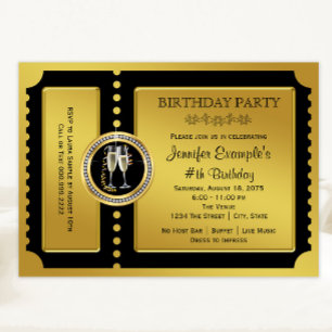Invitación Fiesta de Cumpleaños con Champán de Boleto Dorado
