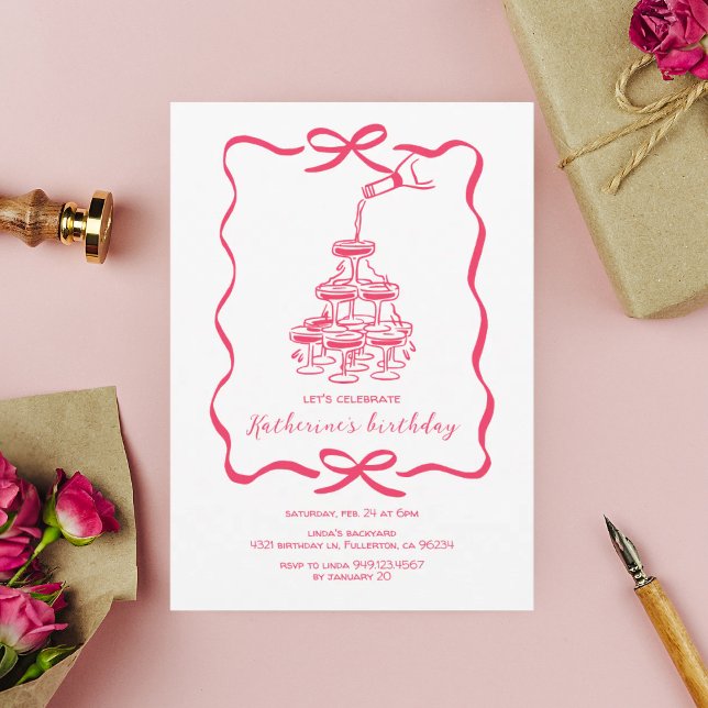 Invitación Fiesta de Cumpleaños con Champán Rosa Chic Dibujad (Subido por el creador)