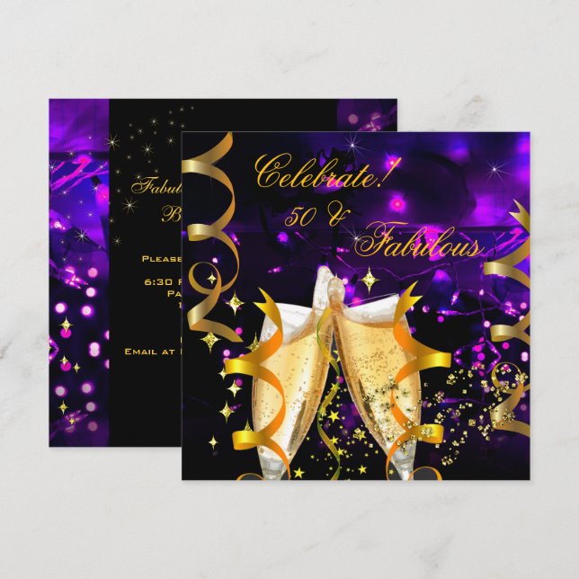 Invitación Fiesta de cumpleaños con champán y luces doradas f (Anverso / Reverso)