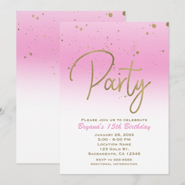 Invitación Fiesta de Cumpleaños con Confeti Moderno Glam Rosa (Anverso / Reverso)