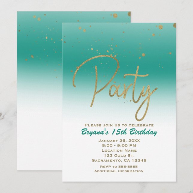 Invitación Fiesta de Cumpleaños con Confeti Moderno Glam Teal (Anverso / Reverso)