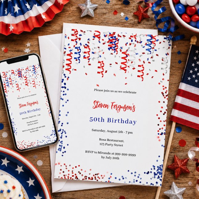 Invitación Fiesta de cumpleaños con confeti rojo azul y blanc (Subido por el creador)