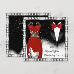 Invitación Fiesta de Cumpleaños con Corbata Negra Vestido Pla