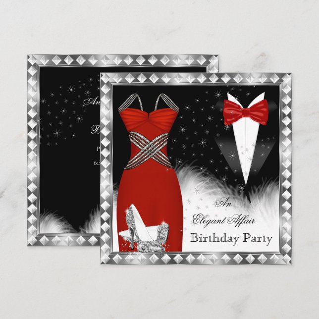 Invitación Fiesta de Cumpleaños con Corbata Negra Vestido Pla (Anverso / Reverso)