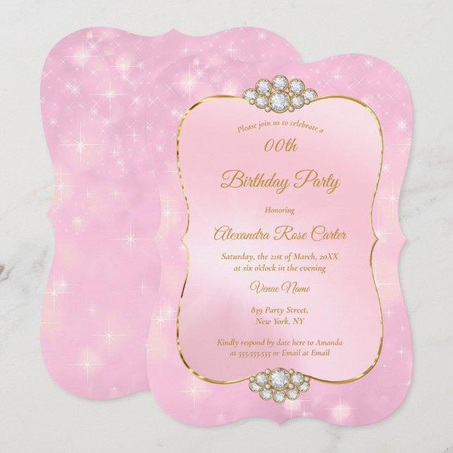 Invitación Fiesta de Cumpleaños con Diamante Rosa Dorado Prec (Anverso / Reverso)
