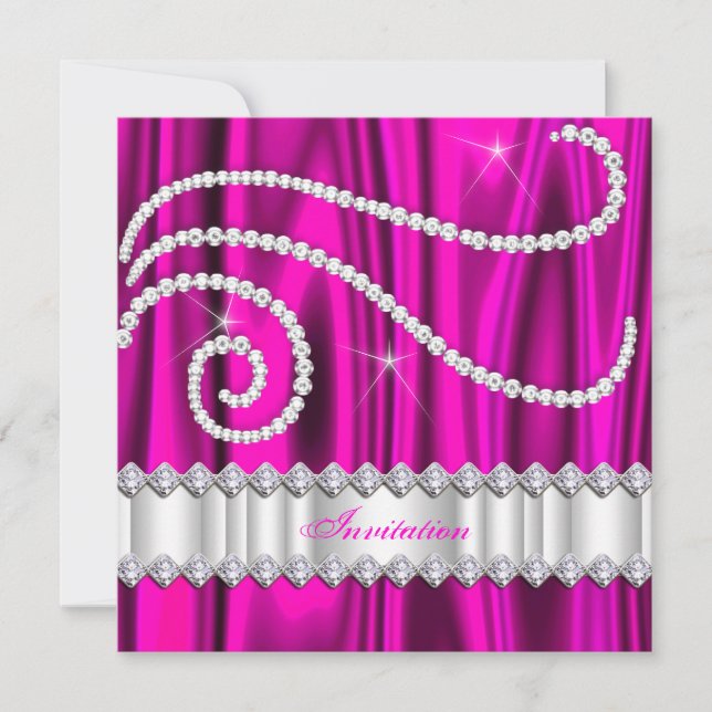Invitación Fiesta de Cumpleaños con Diamantes Blancos y Rosa  (Anverso)