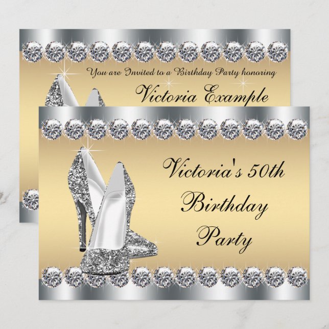 Invitación Fiesta de cumpleaños con diamantes de plata y oro  (Anverso / Reverso)