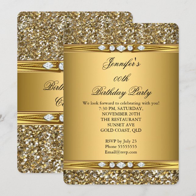 Invitación Fiesta de Cumpleaños con Diamantes y Brillo Dorado (Anverso / Reverso)