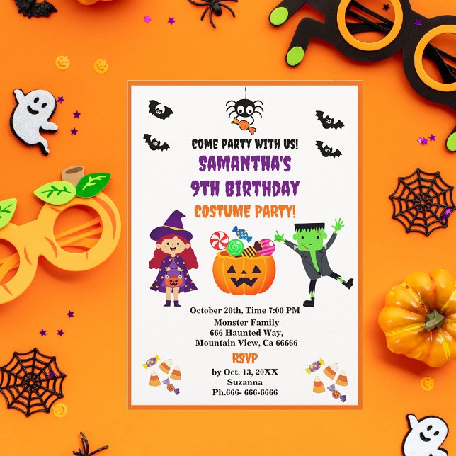 Invitación Fiesta de cumpleaños con disfraces de Halloween (Cute Kids Halloween Birthday Party! Easy to personalize.)