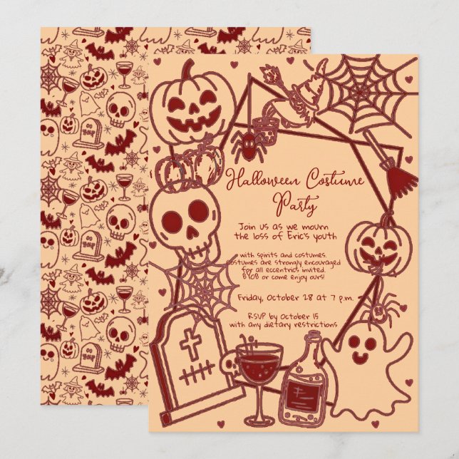 Invitación Fiesta de Cumpleaños con Disfraces de Halloween Di (Anverso / Reverso)