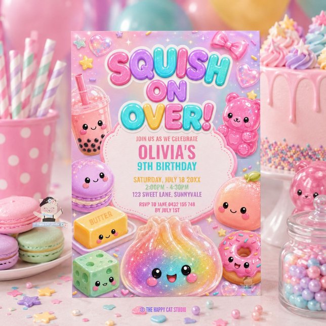 Invitación Fiesta de Cumpleaños con Dumpling Brillante y Squi (Rainbow Cute Glitter Dumpling Squishy Party Birthday Invitation )