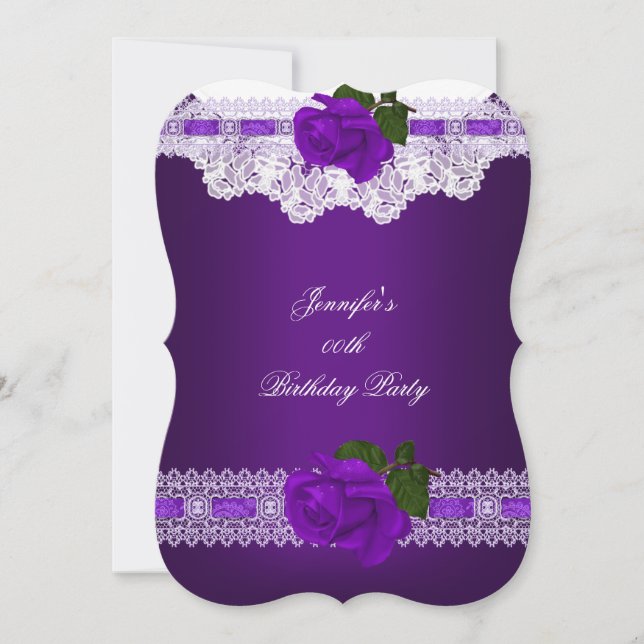 Invitación Fiesta de Cumpleaños con Encaje Blanco y Rosa Púrp (Anverso)