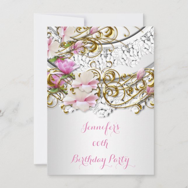 Invitación Fiesta de Cumpleaños con Encaje Floral Rosa Precio (Anverso)