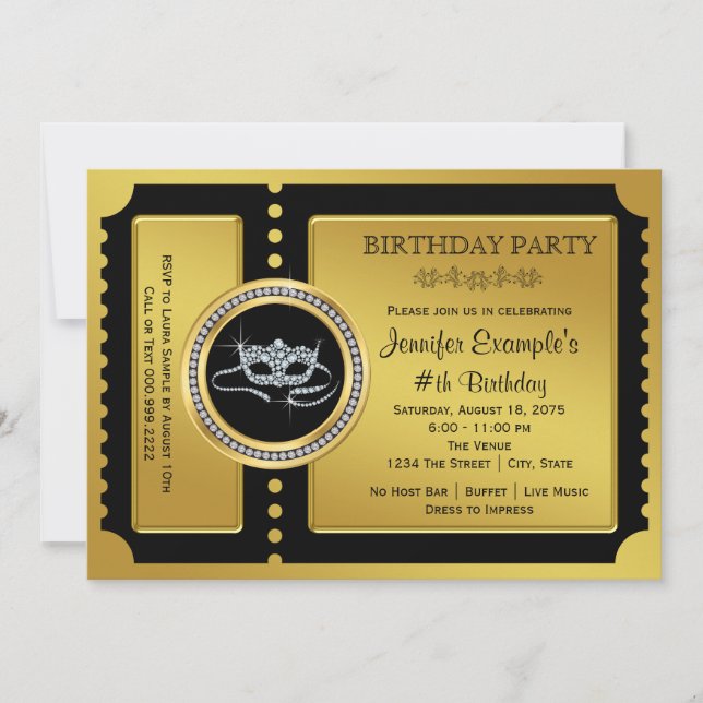 Invitación Fiesta de Cumpleaños con Entrada Dorada de Mascara (Anverso)