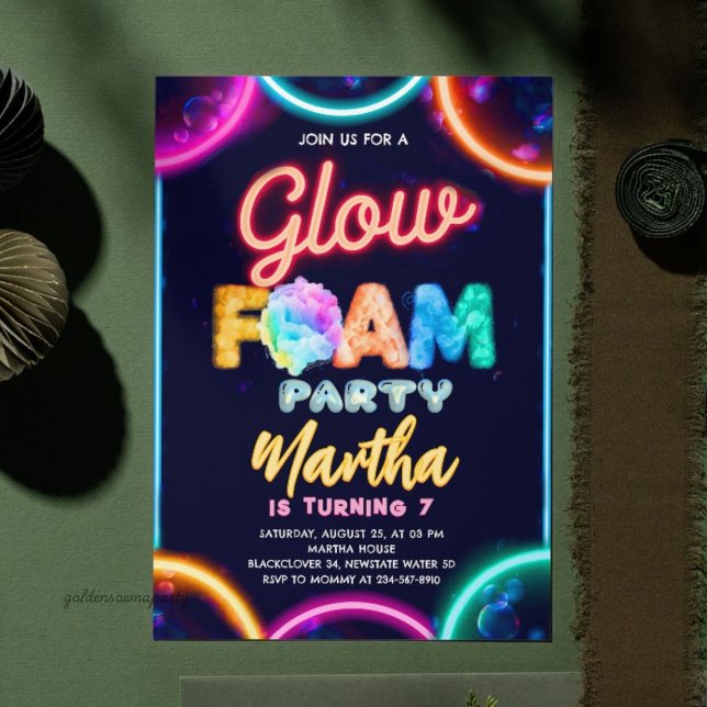 Invitación Fiesta de Cumpleaños con Espuma de Brillo Neon - B (Neon Glow Foam Party Birthday - Color Bubbles Glow Invitation
)