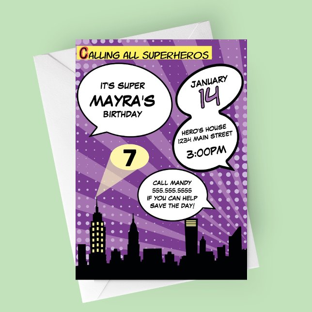 Invitación Fiesta de cumpleaños con estilo de libro de histor (Purple Comic Book Superheros Birthday Party Invitation)