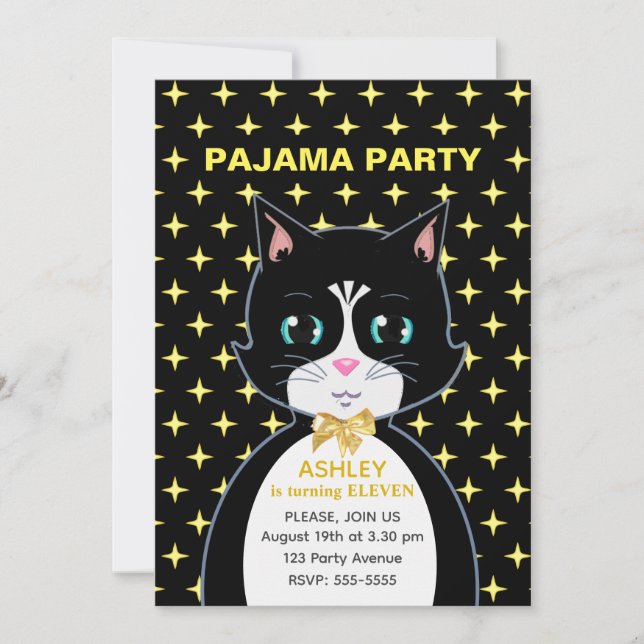 Invitación Fiesta de Cumpleaños con Estrellas y Gato Lindo en (Anverso)