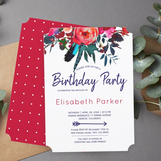 Invitación Fiesta de cumpleaños con flores azul marino rojo B (Subido por el creador)