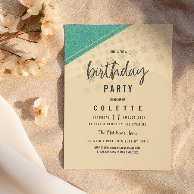 Invitación Fiesta de cumpleaños con flores de oro geométrico  (Geometrical turquoise gold floral Birthday Party)