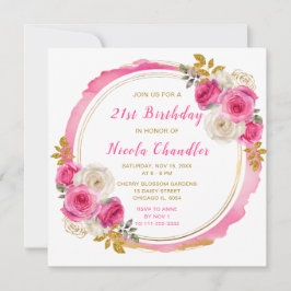 Invitación Fiesta de cumpleaños con flores elegantes de oro y