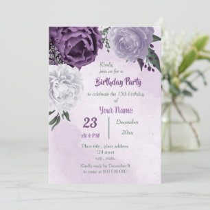 Invitación fiesta de cumpleaños con flores moradas y blancas