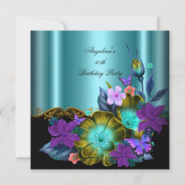 Invitación Fiesta de cumpleaños con flores púrpuras y doradas (Anverso)