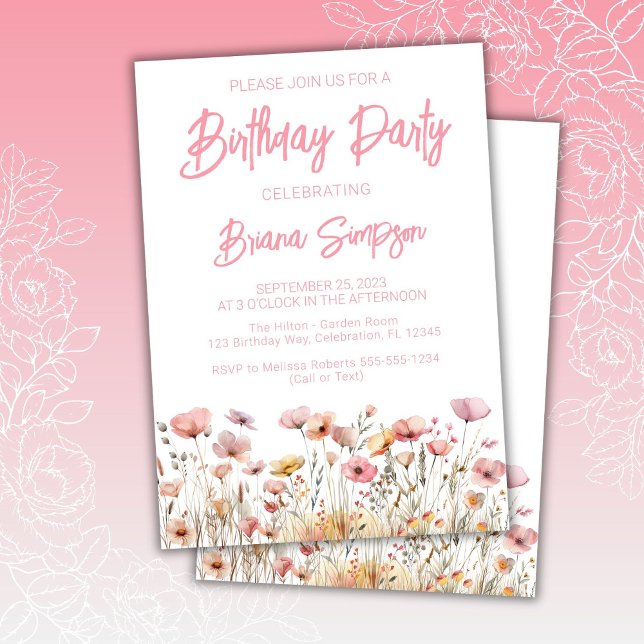 Invitación Fiesta de Cumpleaños con Flores Rosadas (Subido por el creador)