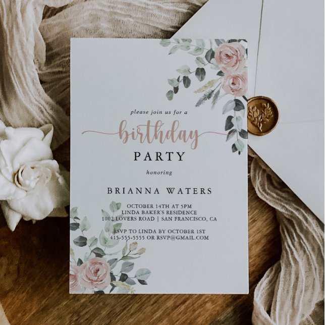 Invitación Fiesta de cumpleaños con flores rosadas y polvorie (Subido por el creador)