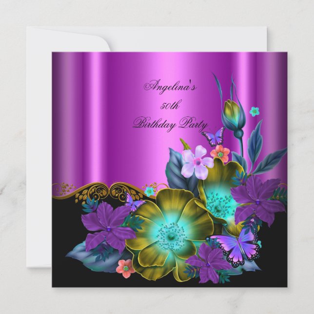 Invitación Fiesta de cumpleaños con flores rosadas y turquesa (Anverso)