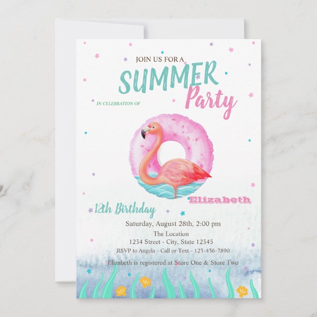 Invitación Fiesta de Cumpleaños con Flotador de Flamencos Ros (Anverso)