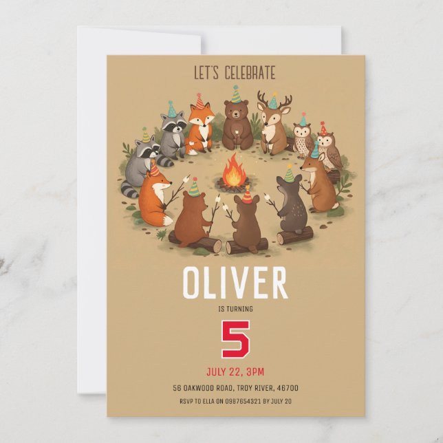 Invitación Fiesta de Cumpleaños con Fogata de Animales del Bo (Anverso)