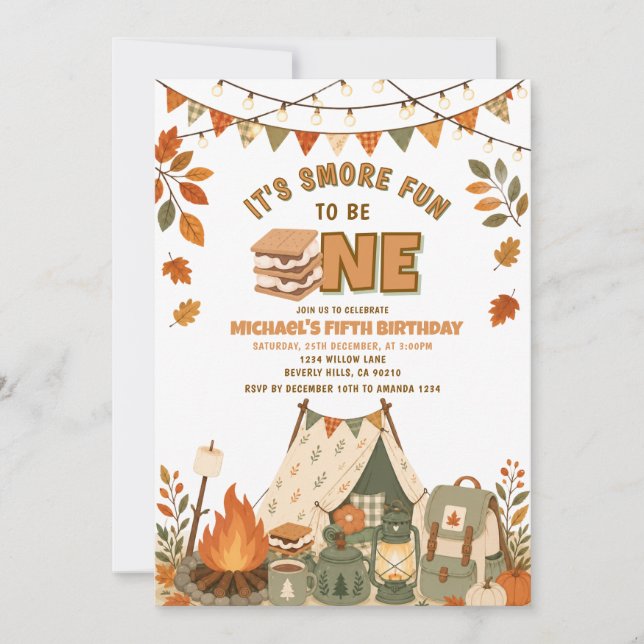 Invitación Fiesta de cumpleaños con fogata otoñal (Anverso)