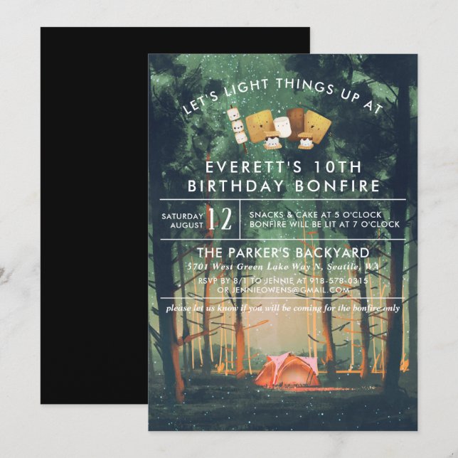 Invitación Fiesta de Cumpleaños con Fogata y S'mores para Aca (Anverso / Reverso)